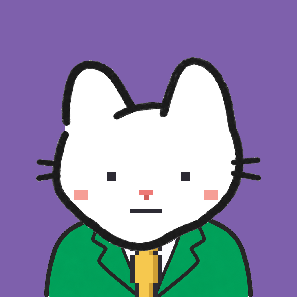 Employee #1988 — a white cat, in a green suit, with a gold tie, on plasma violet