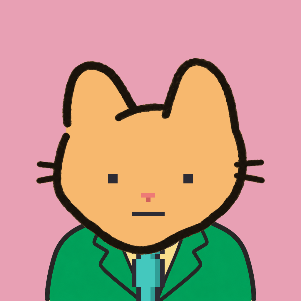 Employee #1989 — a tabby cat, in a green suit, with a teal tie, on rose