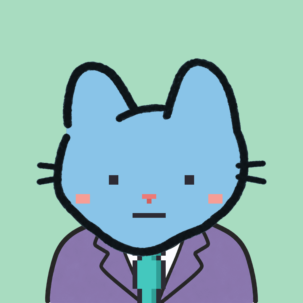 Employee #0199 — a sky cat, in a lavender suit, with a teal tie, on mint