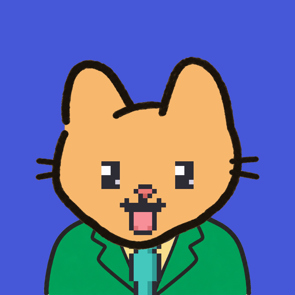 Employee #1990 — a tabby cat, in a green suit, with a teal tie, on royal