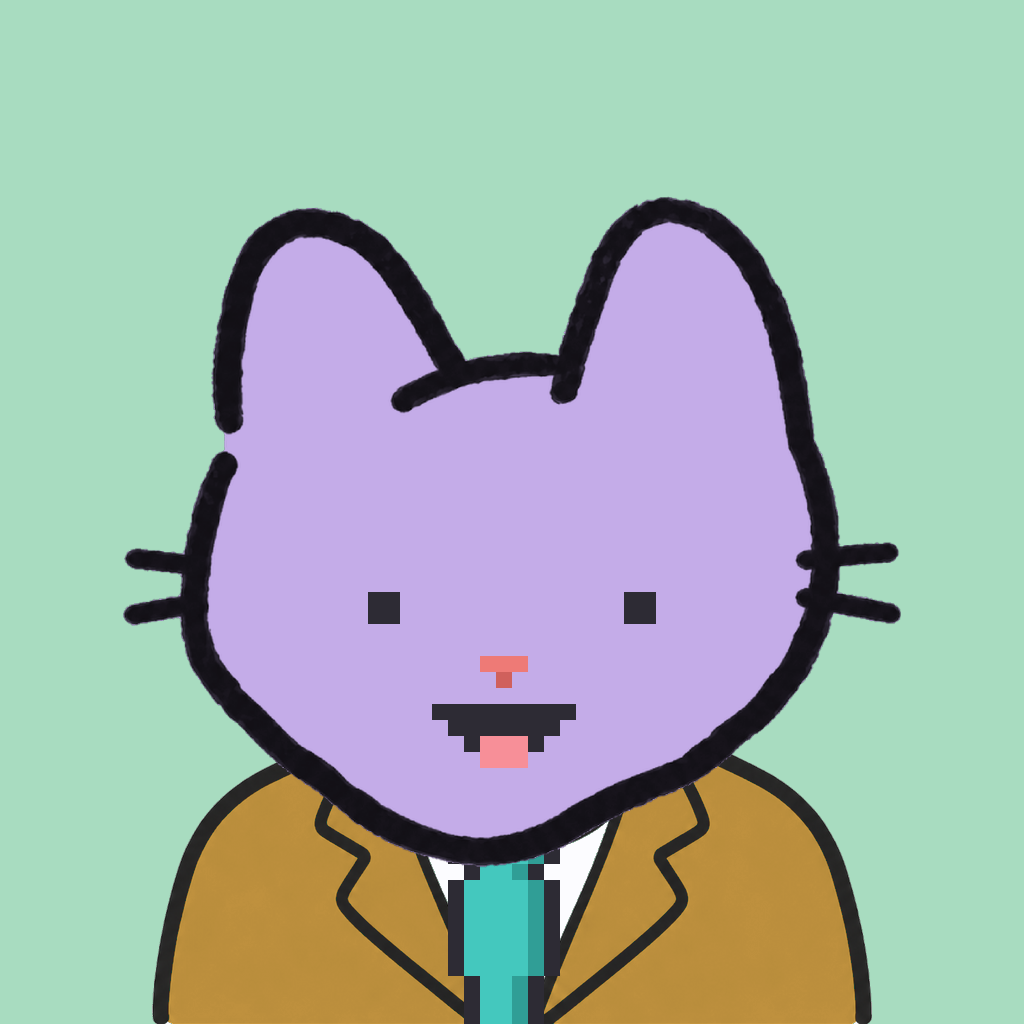 Employee #1991 — a lavender cat, in a mustard suit, with a teal tie, on mint