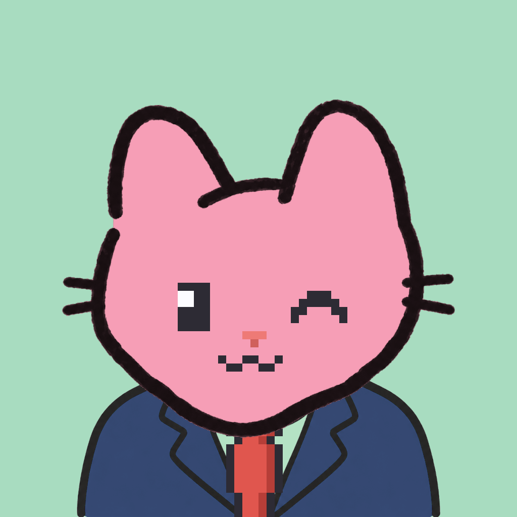 Employee #1992 — a pink cat, in a navy suit, with a red tie, on mint