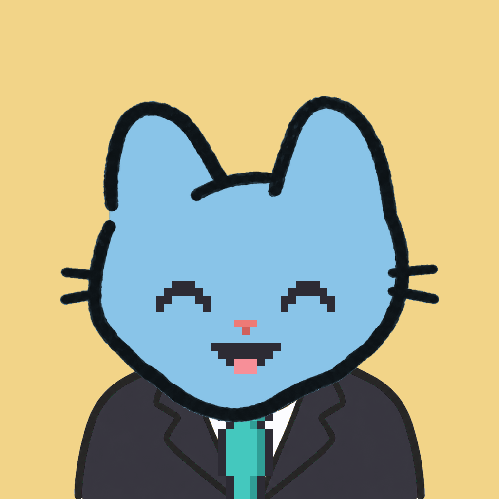 Employee #1993 — a sky cat, in a black suit, with a teal tie, on butter