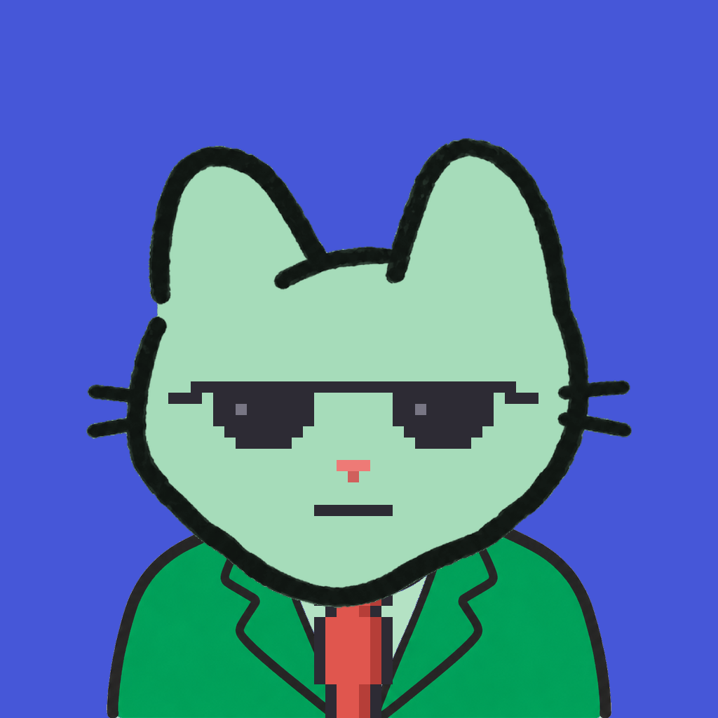Employee #1994 — a mint cat, in a green suit, with a red tie, wearing shades glasses, on royal