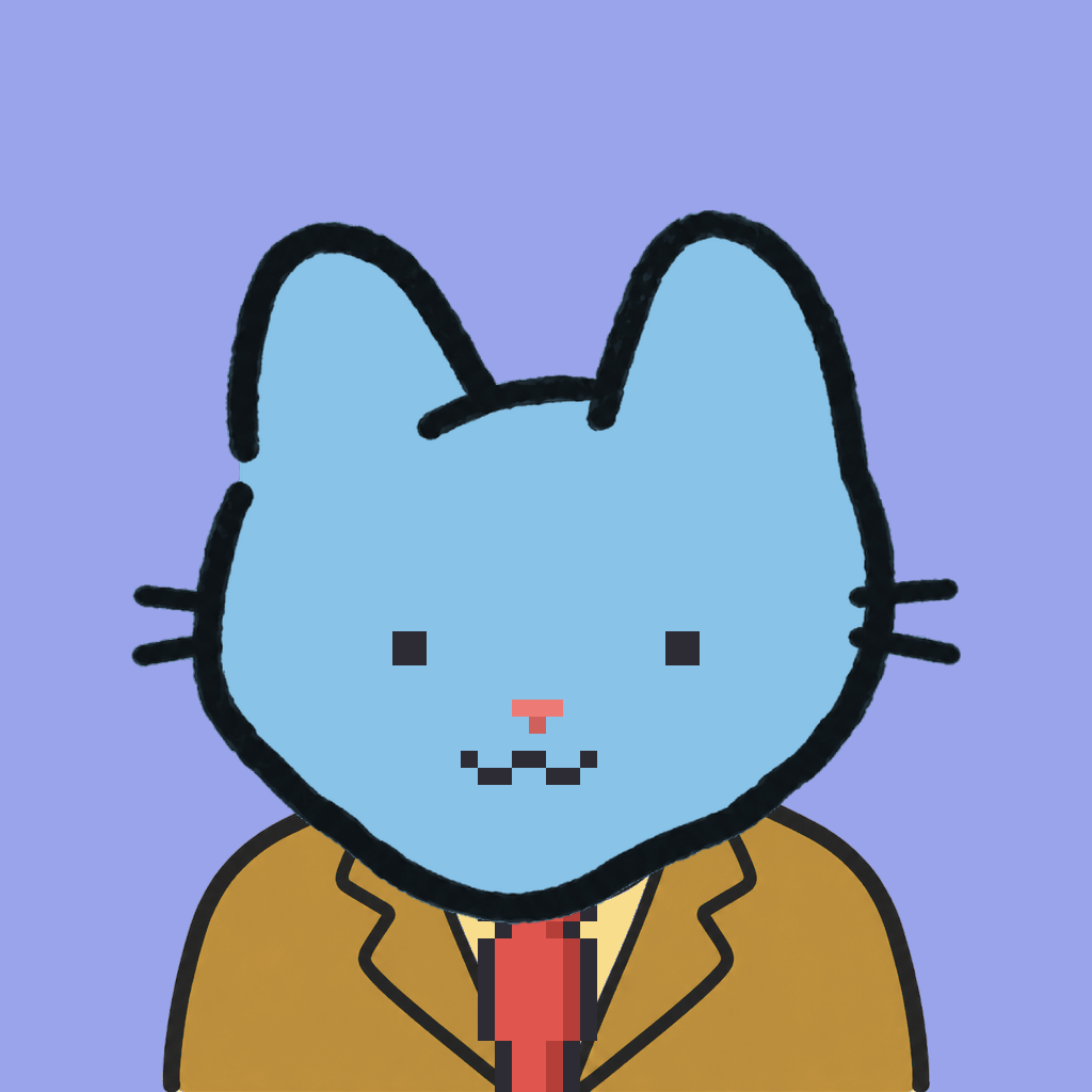 Employee #1995 — a sky cat, in a mustard suit, with a red tie, on periwinkle