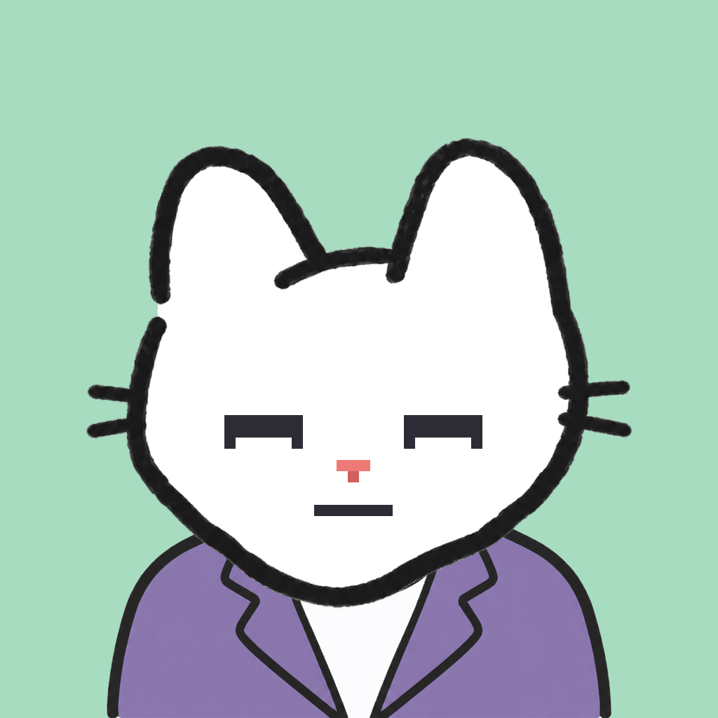 Employee #1996 — a white cat, in a lavender suit, on mint