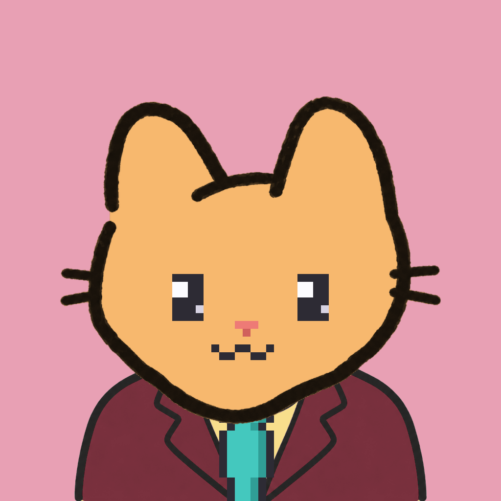 Employee #1997 — a tabby cat, in a burgundy suit, with a teal tie, on rose