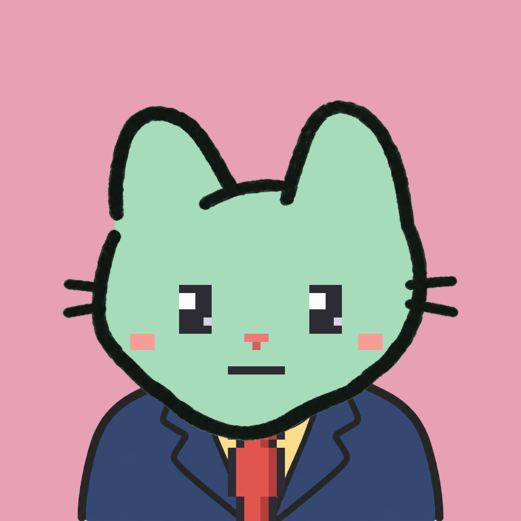 Employee #1998 — a mint cat, in a navy suit, with a red tie, on rose