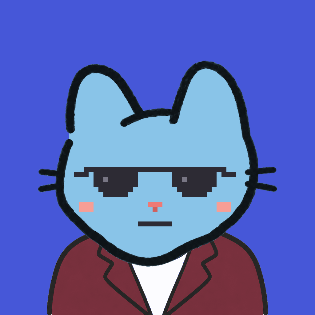 Employee #1999 — a sky cat, in a burgundy suit, wearing shades glasses, on royal