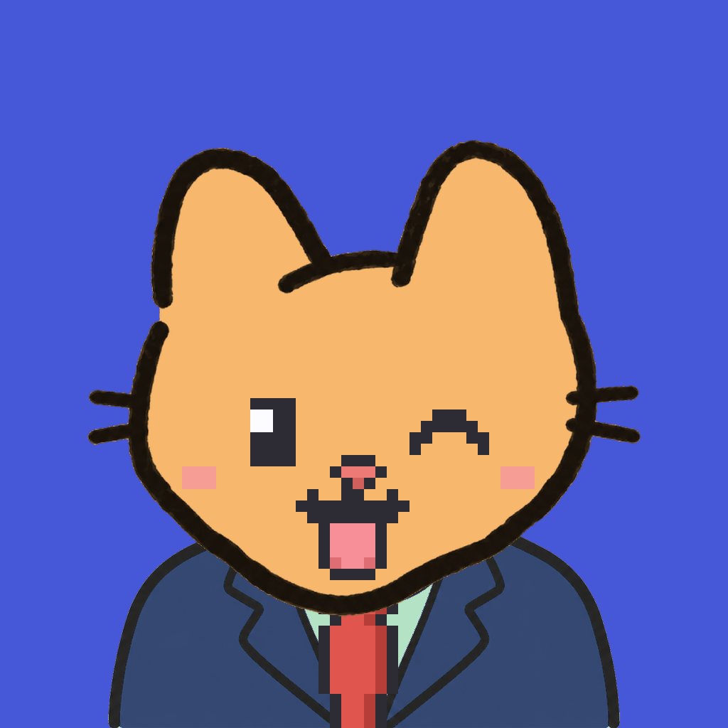 Employee #0002 — a tabby cat, in a navy suit, with a red tie, on royal