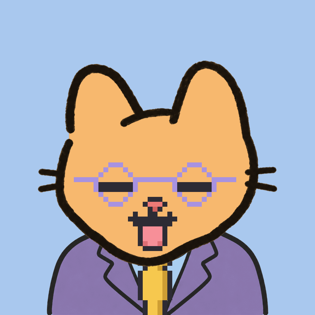 Employee #0200 — a tabby cat, in a lavender suit, with a gold tie, wearing round-lavender glasses, on sky