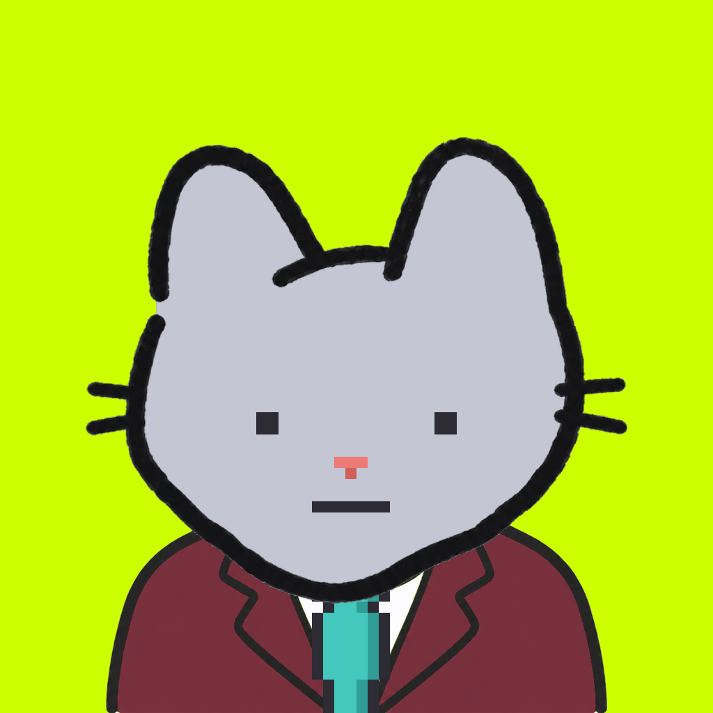 Employee #2000 — a gray cat, in a burgundy suit, with a teal tie, on volt