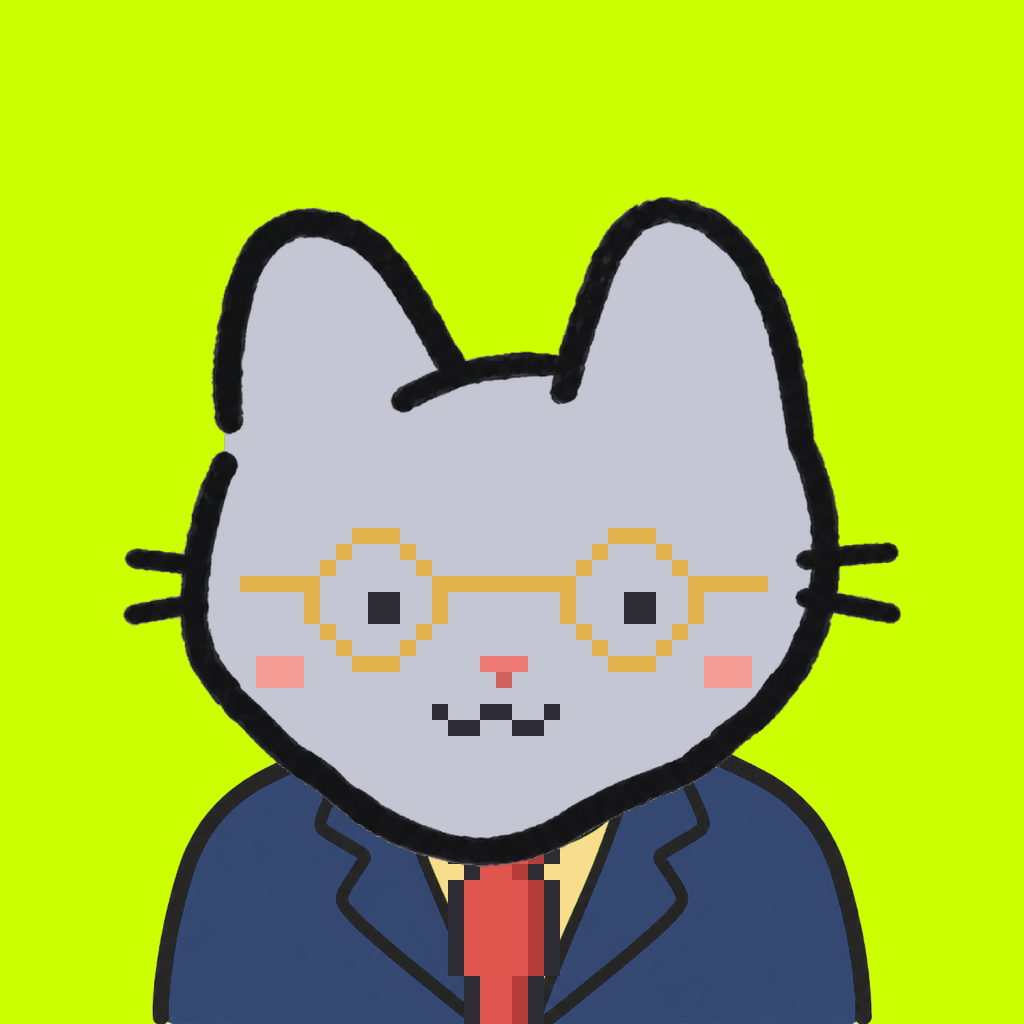 Employee #2001 — a gray cat, in a navy suit, with a red tie, wearing round-gold glasses, on volt