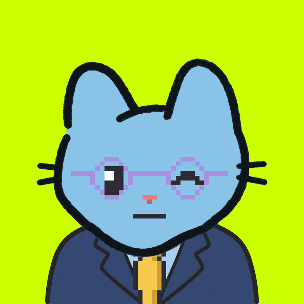 Employee #2002 — a sky cat, in a navy suit, with a gold tie, wearing round-lavender glasses, on volt