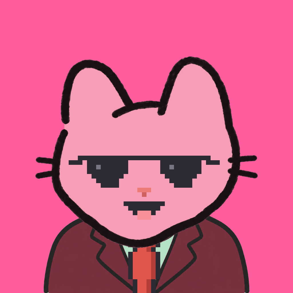 Employee #2003 — a pink cat, in a burgundy suit, with a red tie, wearing shades glasses, on hot pink