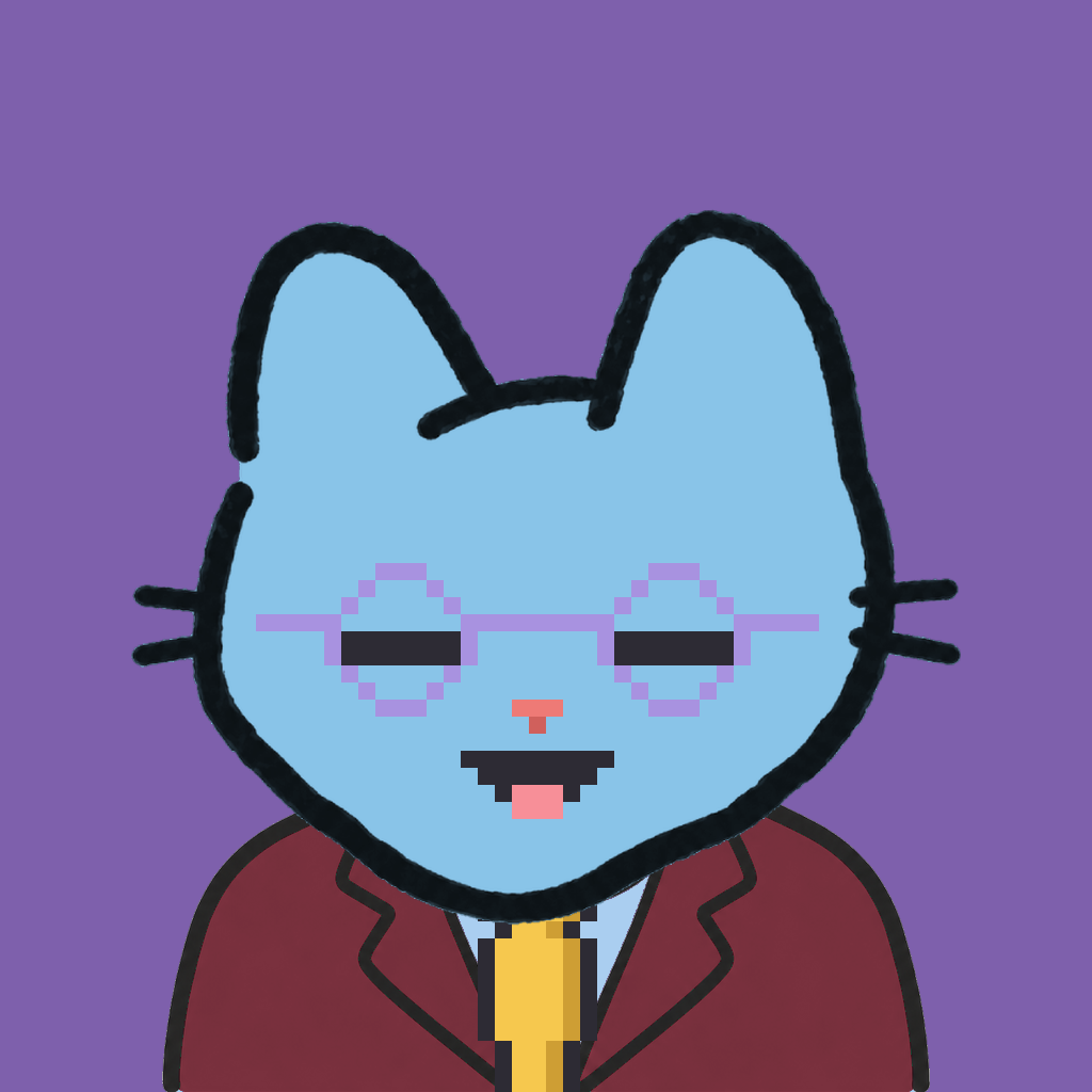 Employee #2004 — a sky cat, in a burgundy suit, with a gold tie, wearing round-lavender glasses, on plasma violet