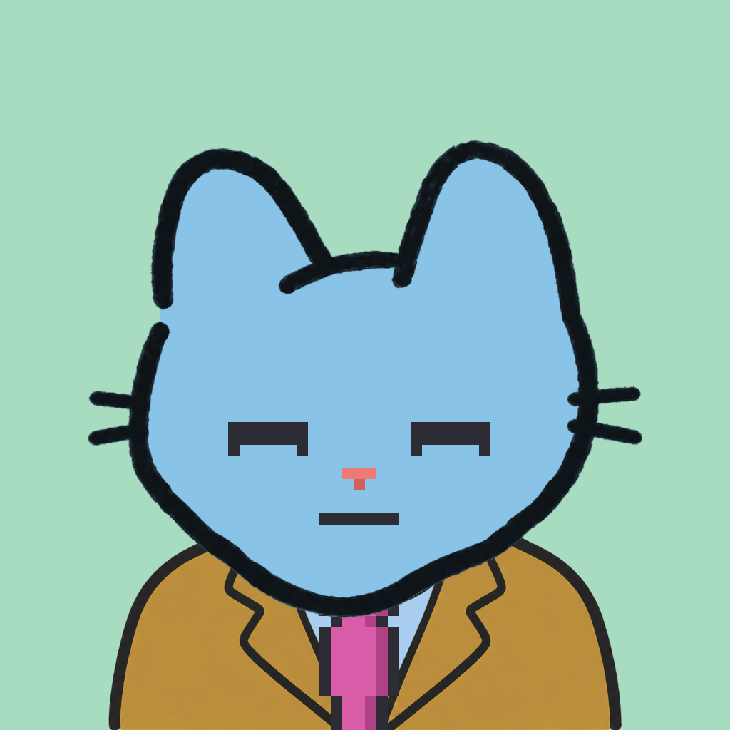 Employee #2005 — a sky cat, in a mustard suit, with a magenta tie, on mint