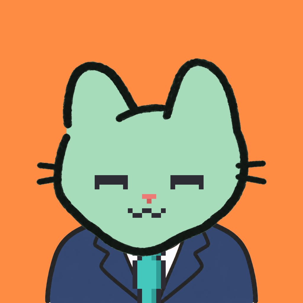 Employee #2006 — a mint cat, in a navy suit, with a teal tie, on tangerine