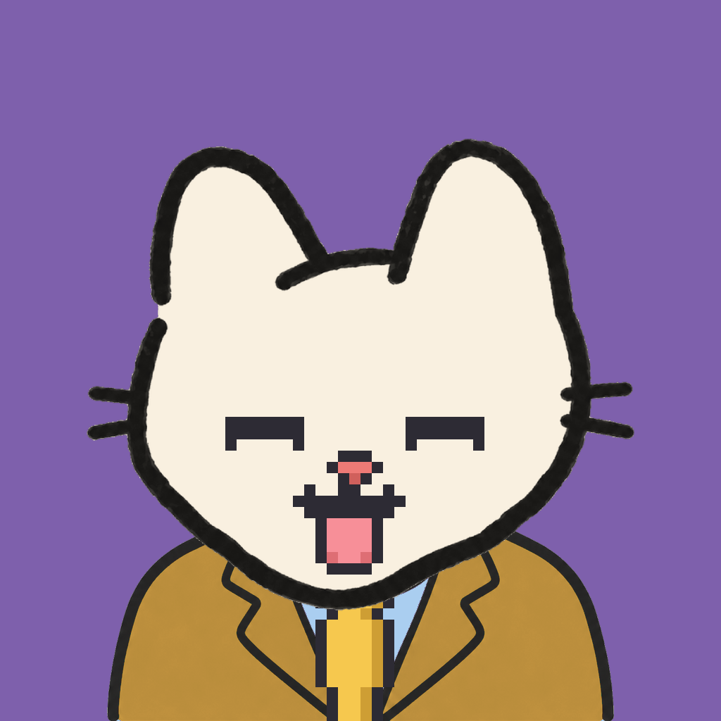 Employee #2007 — a cream cat, in a mustard suit, with a gold tie, on plasma violet