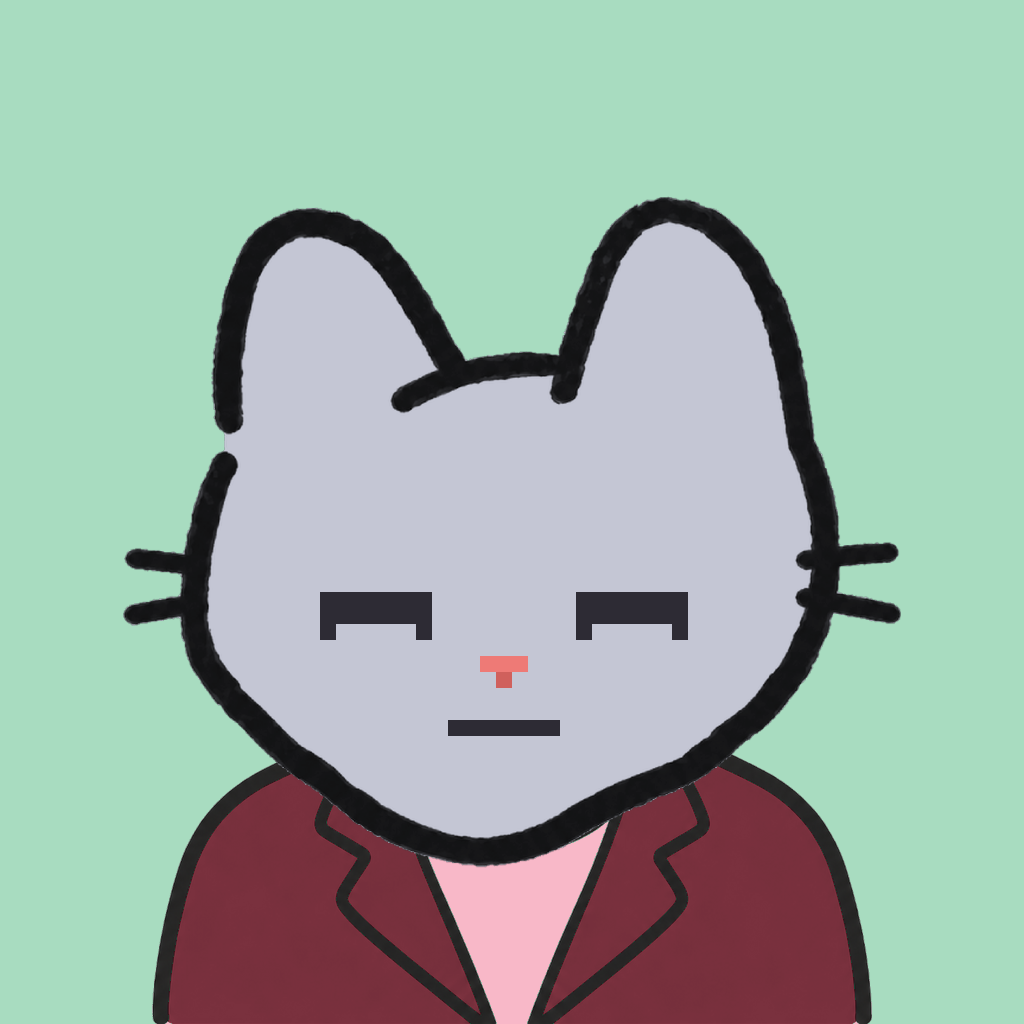 Employee #2008 — a gray cat, in a burgundy suit, on mint