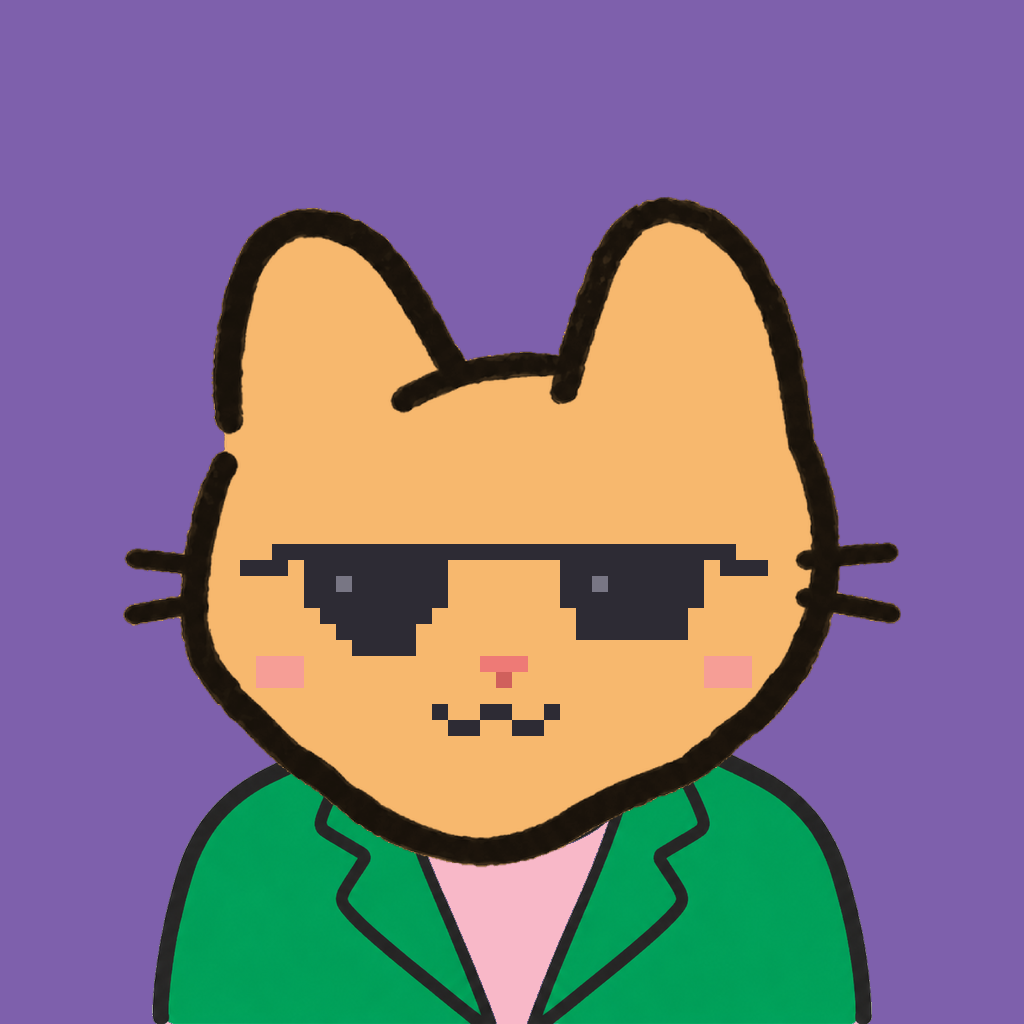 Employee #2009 — a tabby cat, in a green suit, wearing shades glasses, on plasma violet