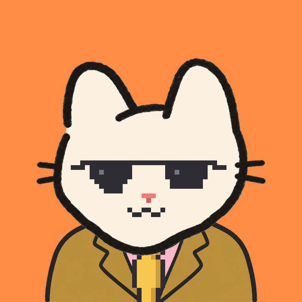 Employee #0201 — a cream cat, in a mustard suit, with a gold tie, wearing shades glasses, on tangerine