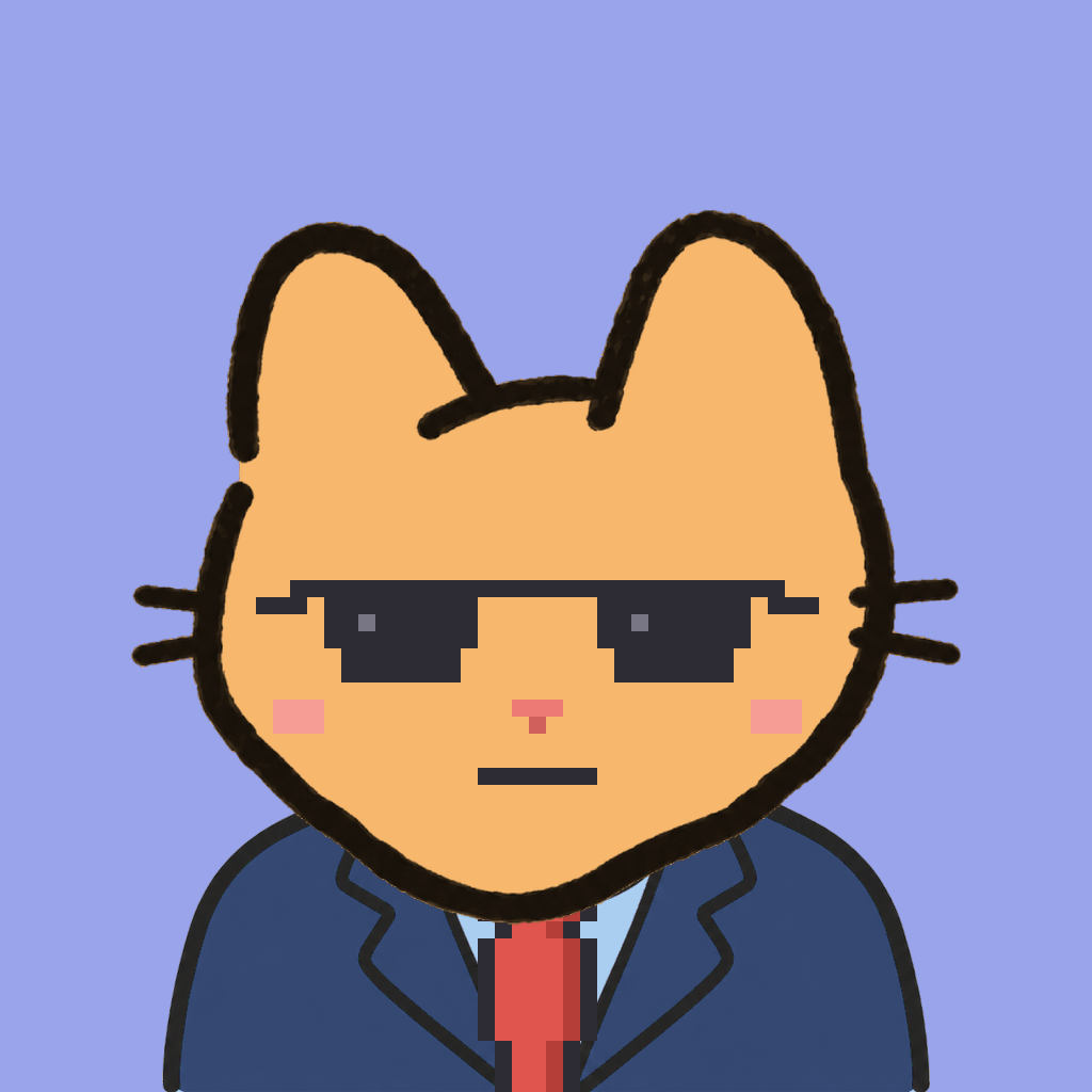 Employee #2010 — a tabby cat, in a navy suit, with a red tie, wearing shades glasses, on periwinkle
