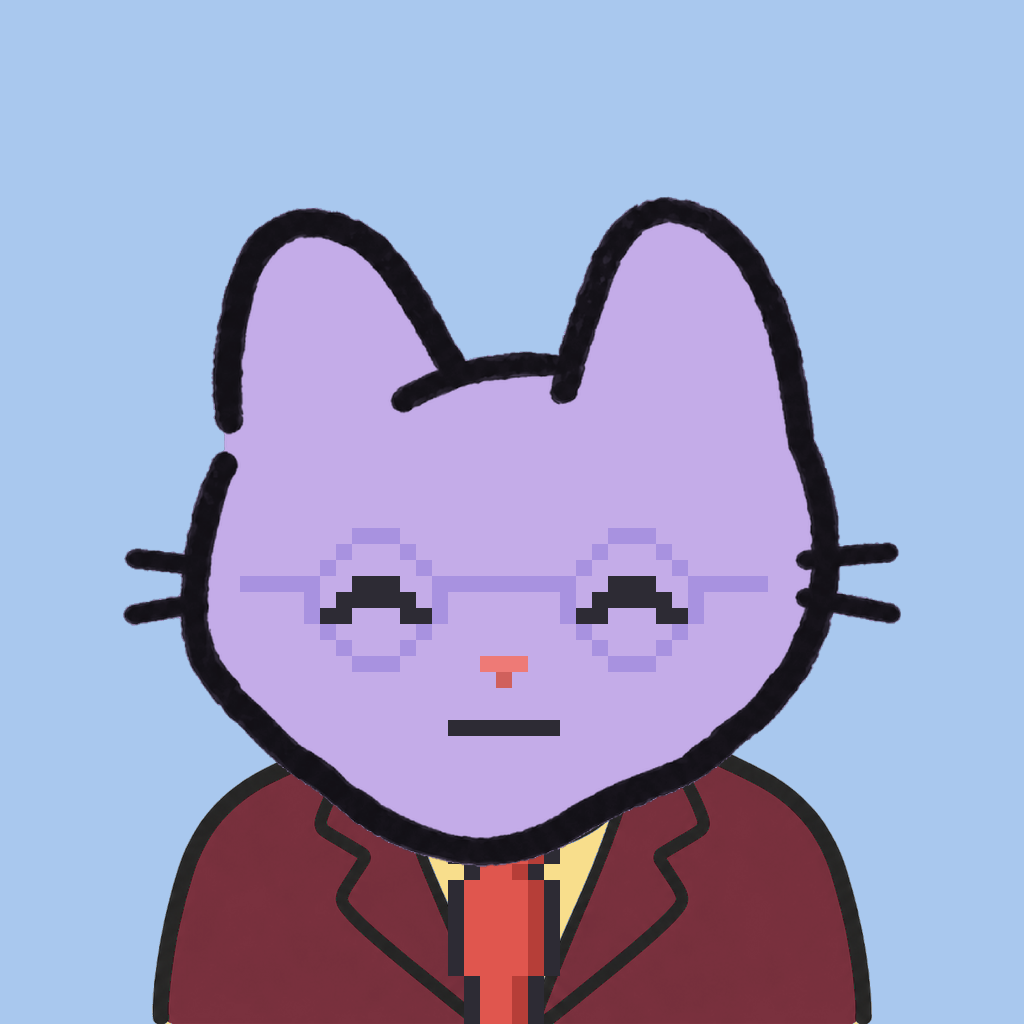 Employee #2011 — a lavender cat, in a burgundy suit, with a red tie, wearing round-lavender glasses, on sky