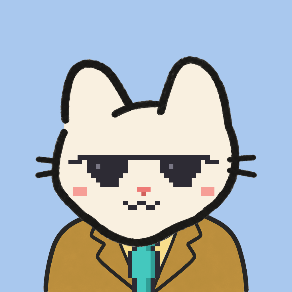 Employee #2012 — a cream cat, in a mustard suit, with a teal tie, wearing shades glasses, on sky