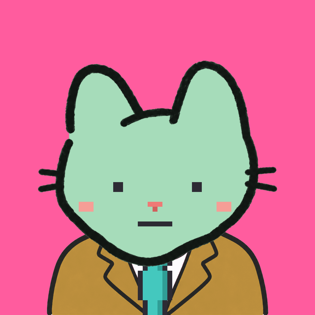 Employee #2013 — a mint cat, in a mustard suit, with a teal tie, on hot pink