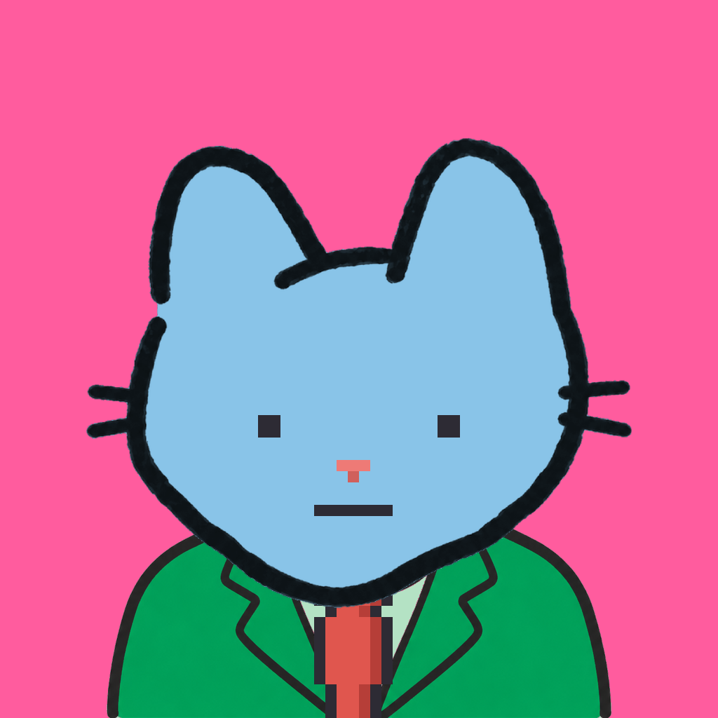 Employee #2014 — a sky cat, in a green suit, with a red tie, on hot pink
