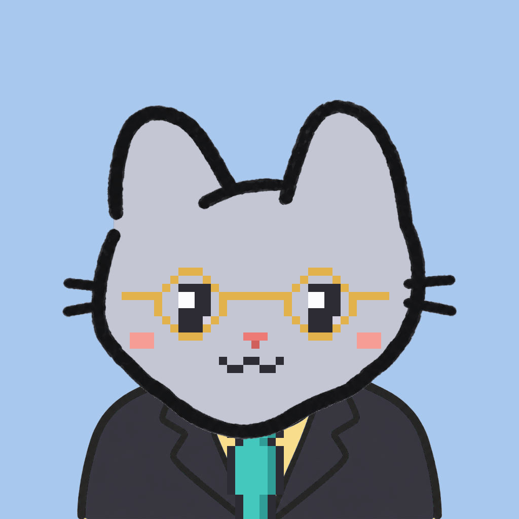 Employee #2016 — a gray cat, in a black suit, with a teal tie, wearing round-gold glasses, on sky