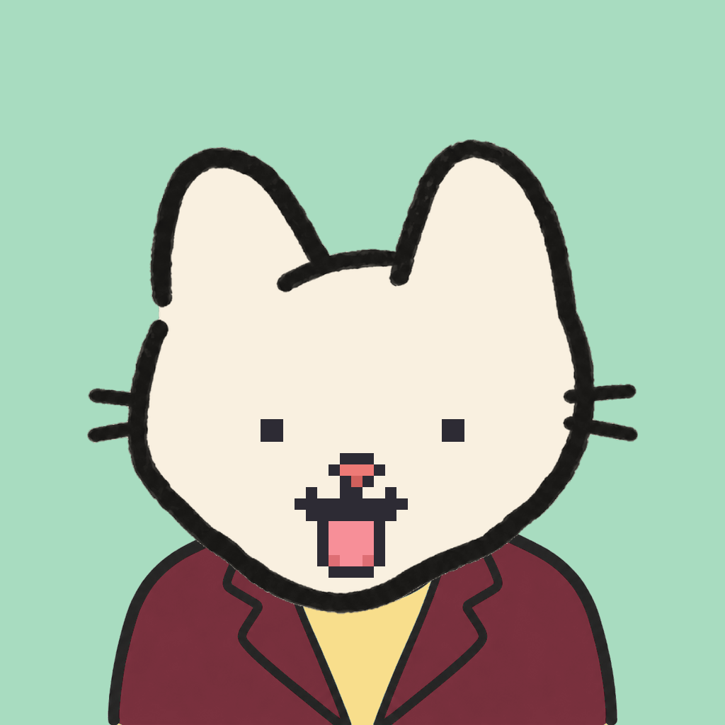 Employee #2017 — a cream cat, in a burgundy suit, on mint