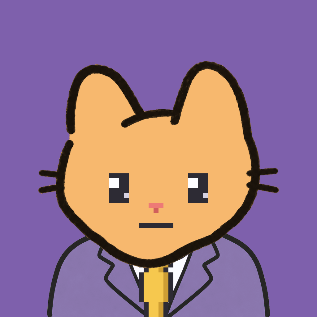 Employee #2018 — a tabby cat, in a lavender suit, with a gold tie, on plasma violet