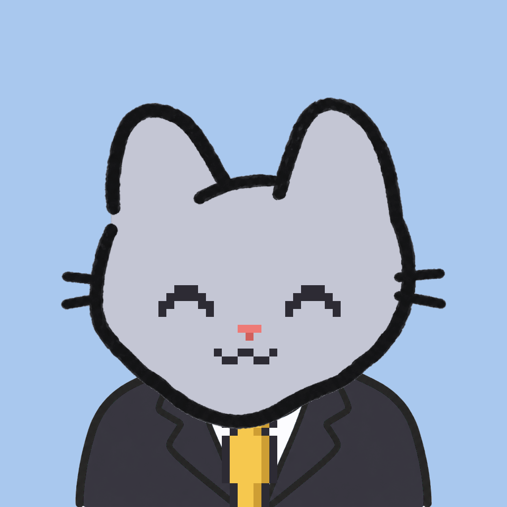 Employee #2019 — a gray cat, in a black suit, with a gold tie, on sky