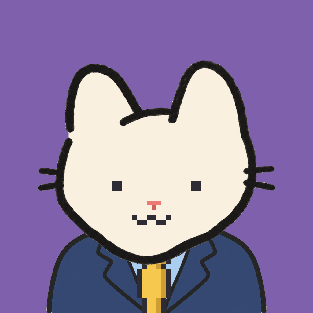Employee #0202 — a cream cat, in a navy suit, with a gold tie, on plasma violet