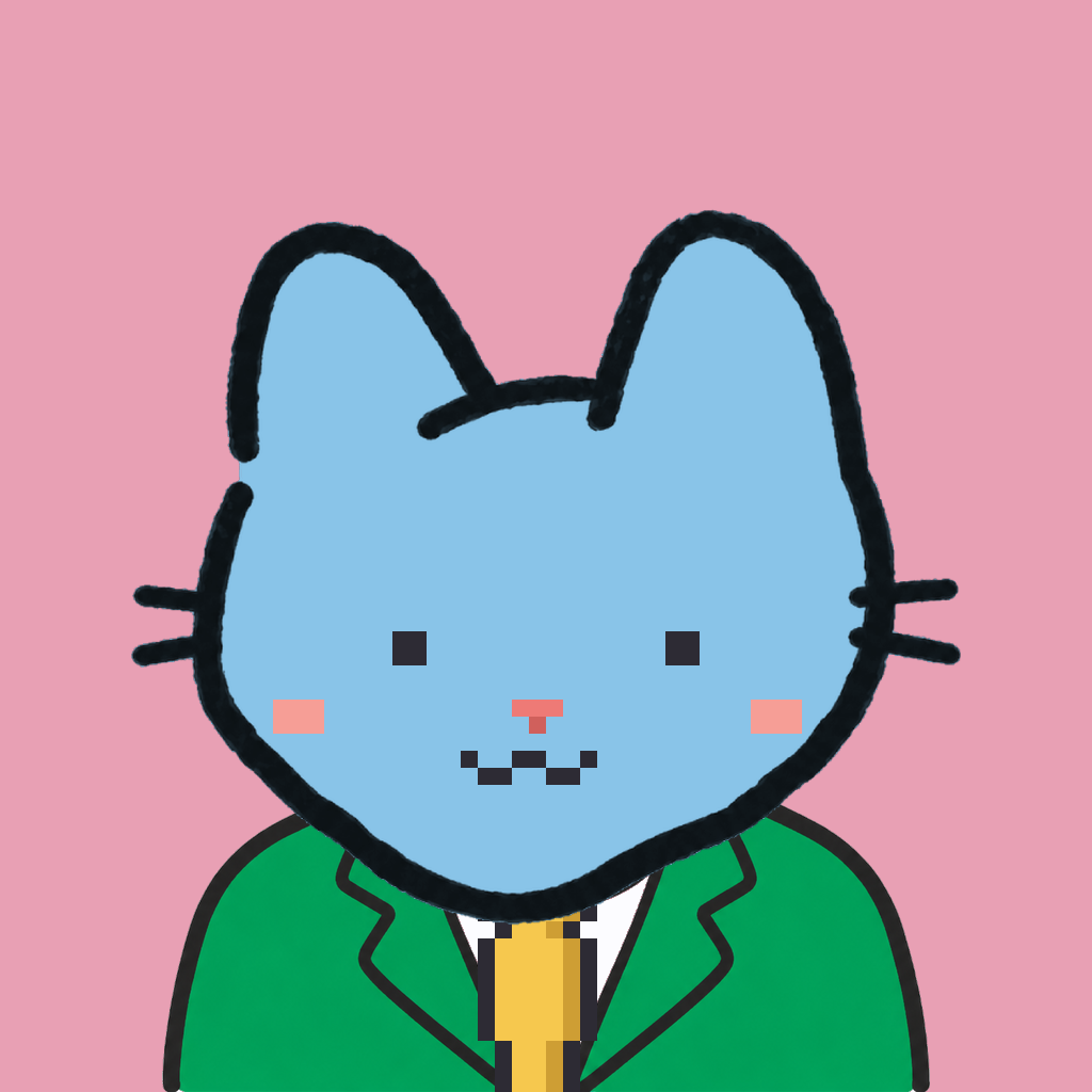 Employee #2020 — a sky cat, in a green suit, with a gold tie, on rose