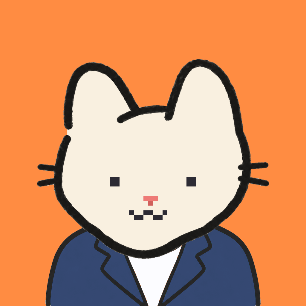 Employee #2021 — a cream cat, in a navy suit, on tangerine