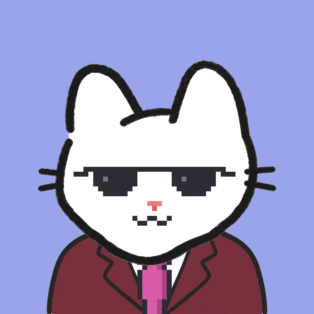 Employee #2022 — a white cat, in a burgundy suit, with a magenta tie, wearing shades glasses, on periwinkle