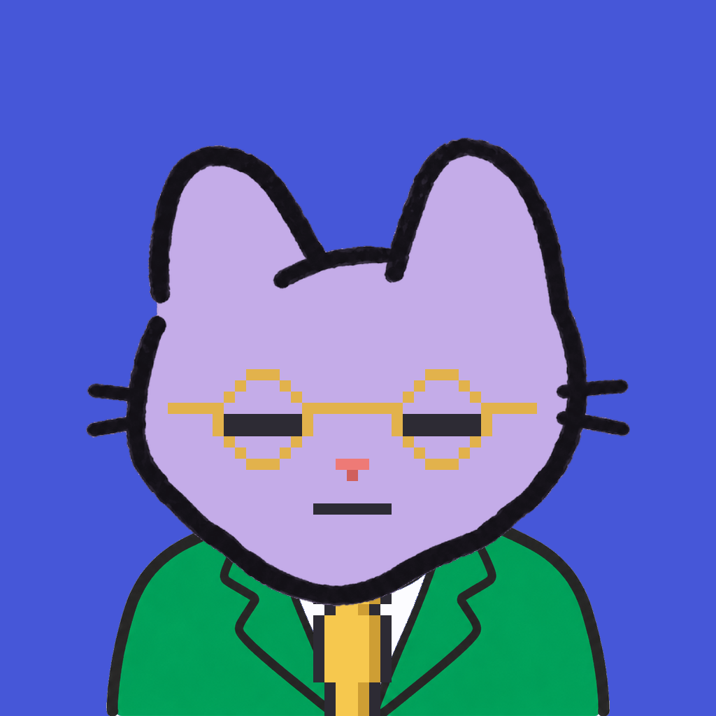 Employee #2023 — a lavender cat, in a green suit, with a gold tie, wearing round-gold glasses, on royal
