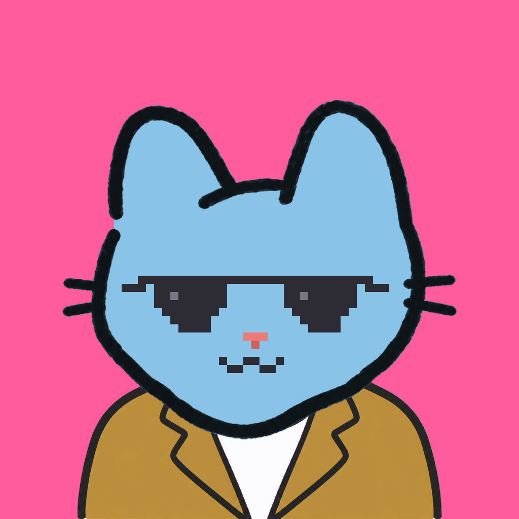 Employee #2024 — a sky cat, in a mustard suit, wearing shades glasses, on hot pink