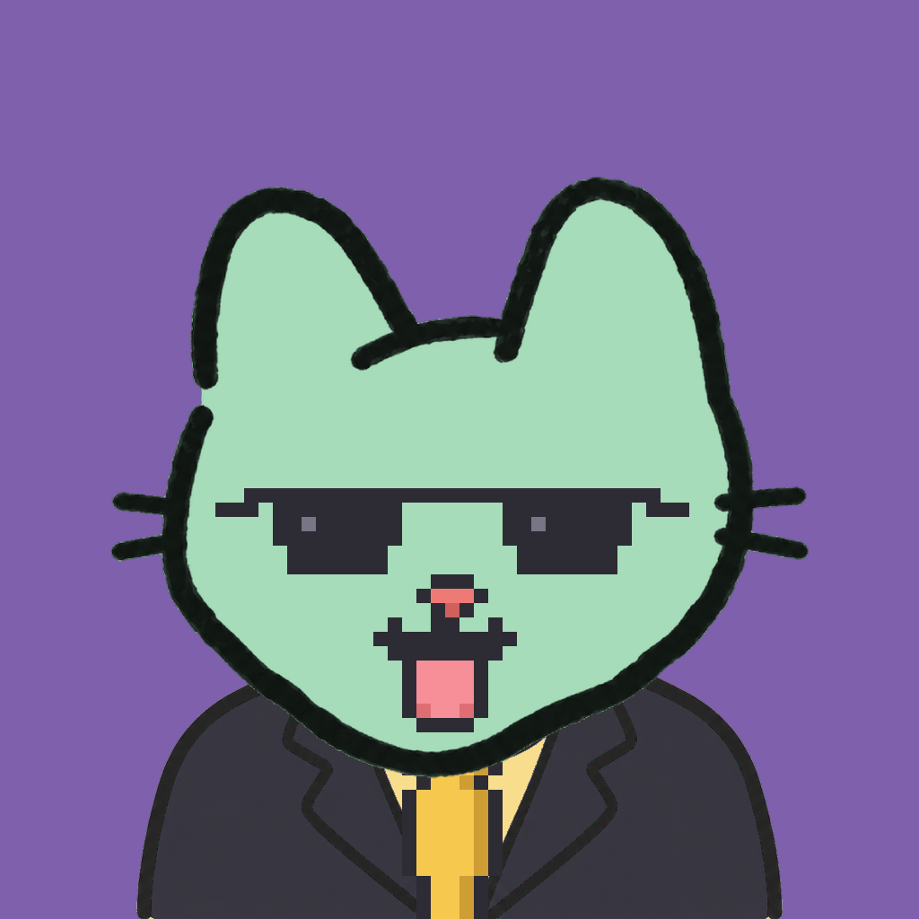 Employee #2025 — a mint cat, in a black suit, with a gold tie, wearing shades glasses, on plasma violet