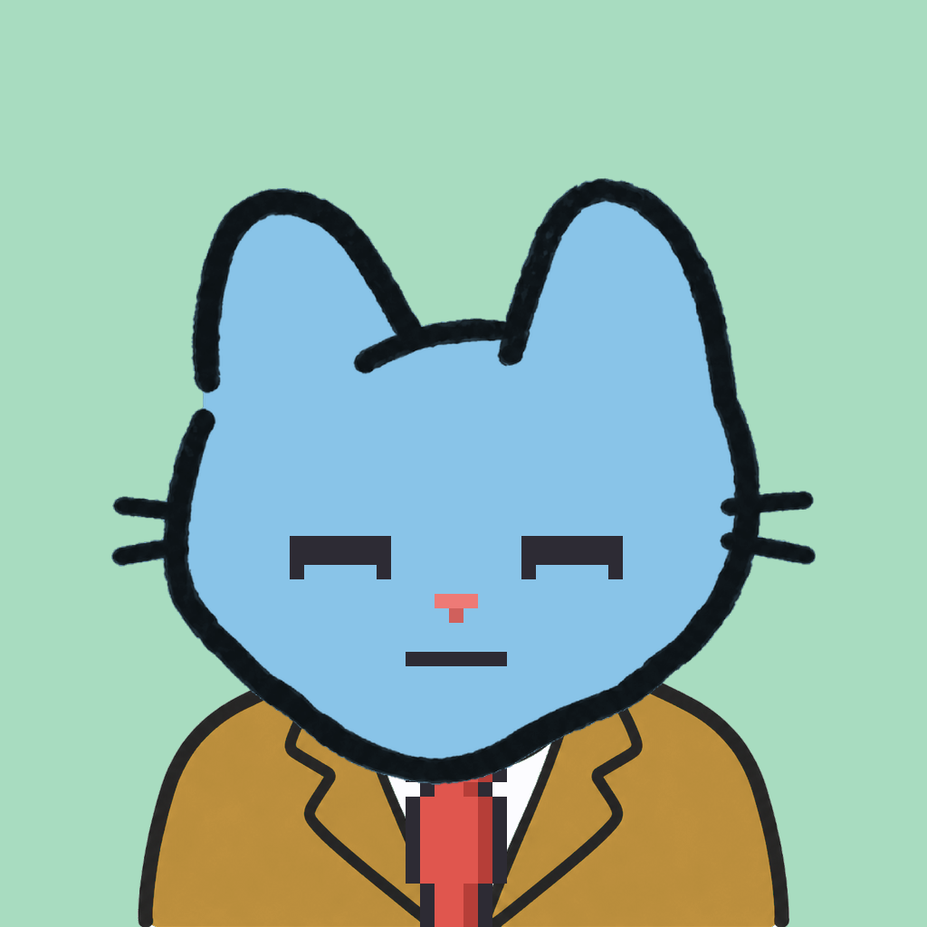 Employee #2026 — a sky cat, in a mustard suit, with a red tie, on mint