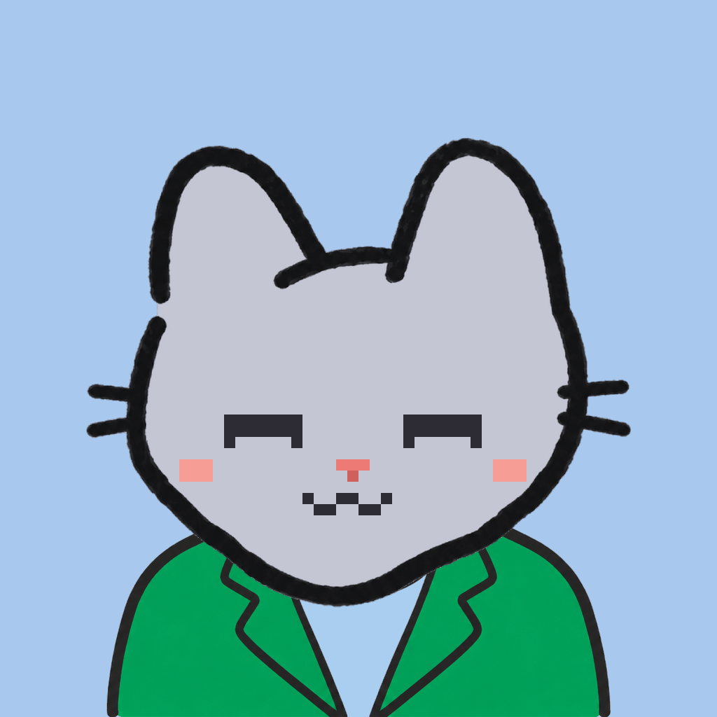 Employee #2027 — a gray cat, in a green suit, on sky