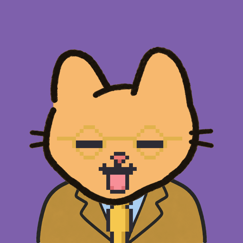 Employee #2028 — a tabby cat, in a mustard suit, with a gold tie, wearing round-gold glasses, on plasma violet