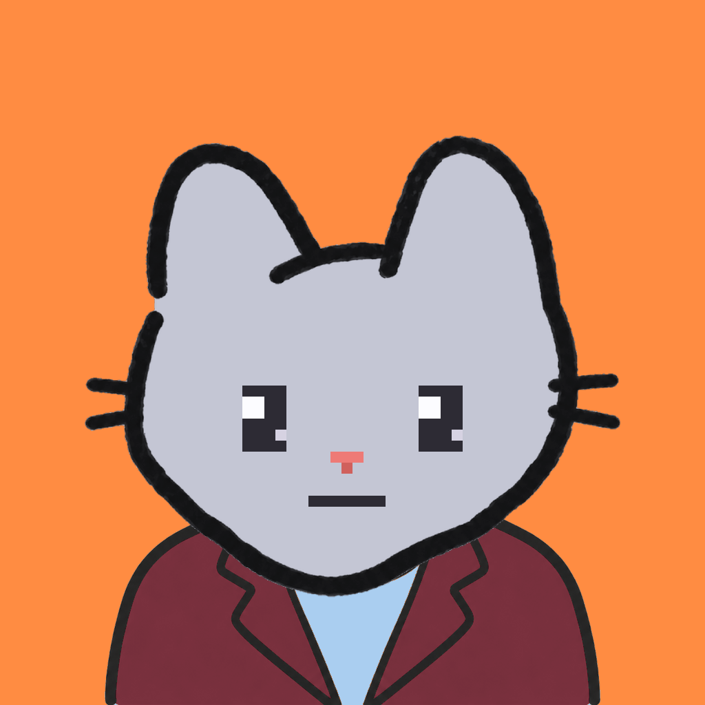 Employee #2029 — a gray cat, in a burgundy suit, on tangerine