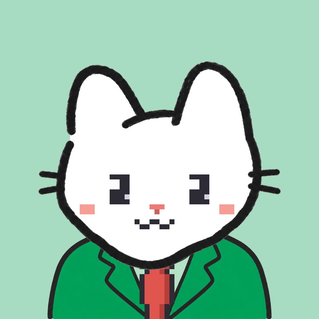 Employee #0203 — a white cat, in a green suit, with a red tie, on mint
