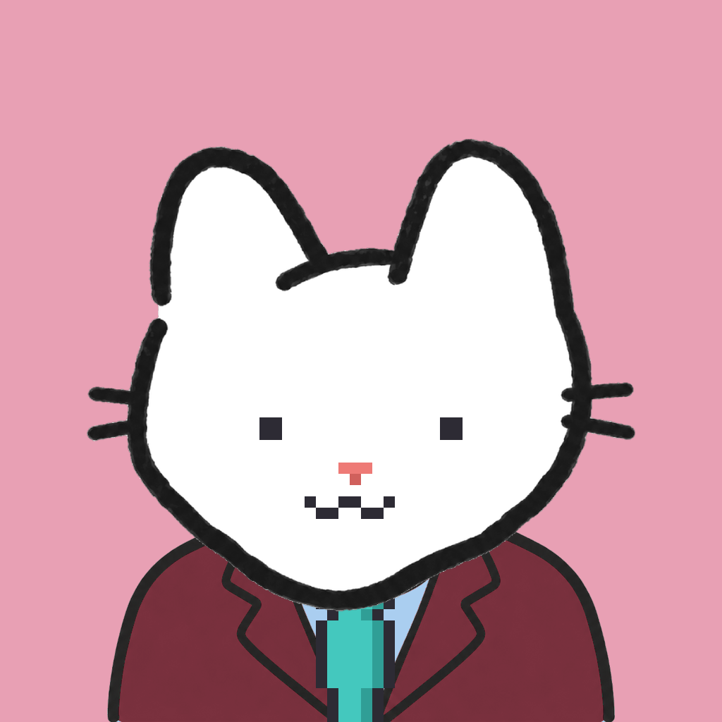 Employee #2030 — a white cat, in a burgundy suit, with a teal tie, on rose