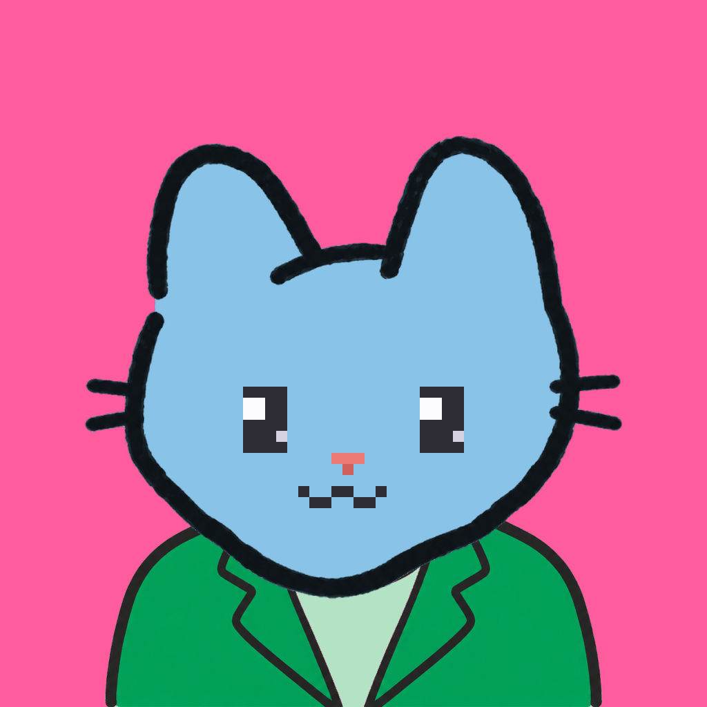 Employee #2031 — a sky cat, in a green suit, on hot pink