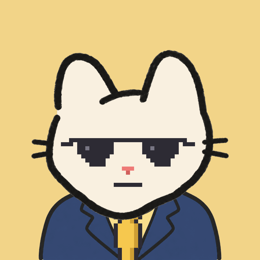 Employee #2032 — a cream cat, in a navy suit, with a gold tie, wearing shades glasses, on butter